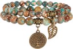 Bivei Natural Semi Precious Gemstone Beads Bracelet for Women - Tree of Life and Leaf Charm Energy Healing Reiki Crystal Stretch Bracelets